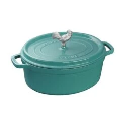 Staub 5.75 Quart Turquoise Oval Dutch Oven With Rooster Knob